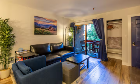 Cozy living room with balcony dining area at ski in ski out Crested Butte rental
